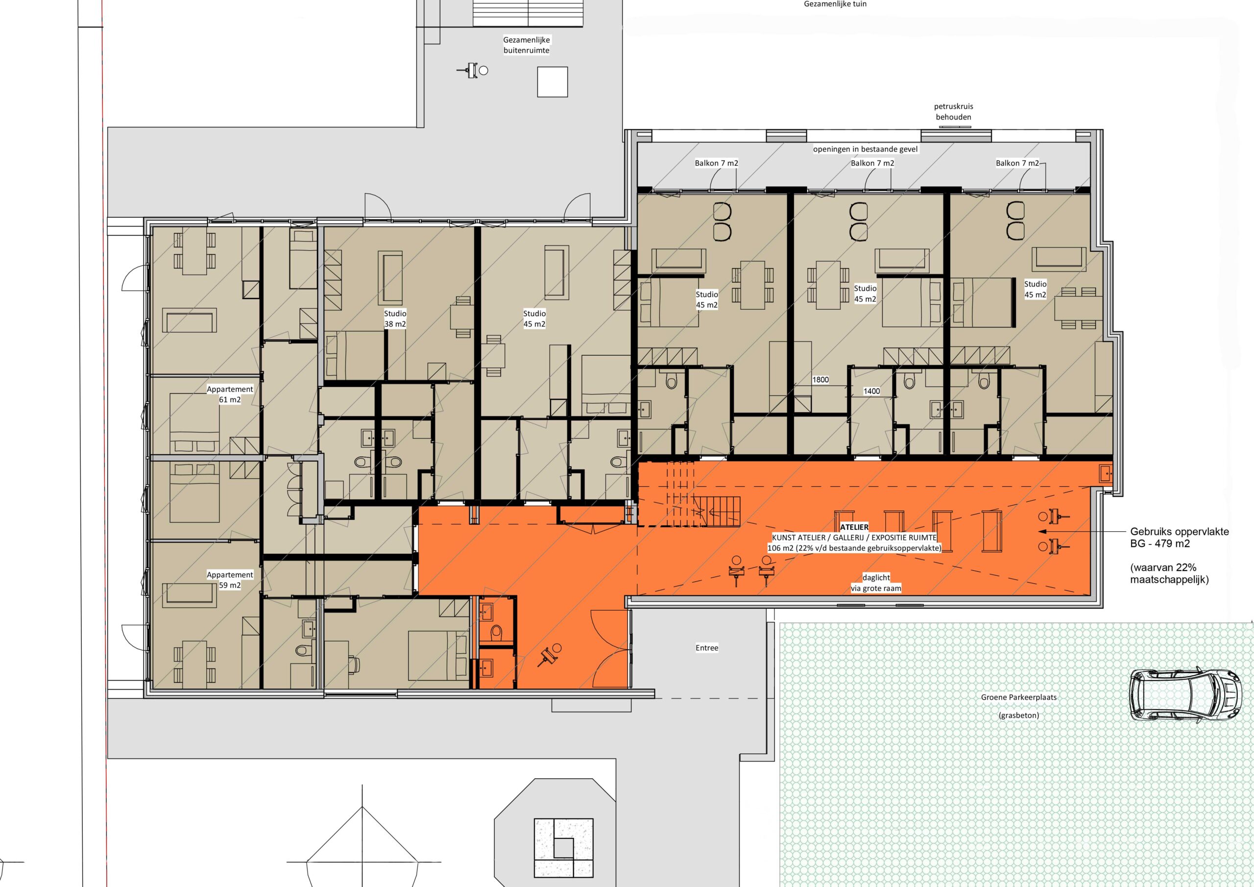 plattegrond van appartementen/studio complex